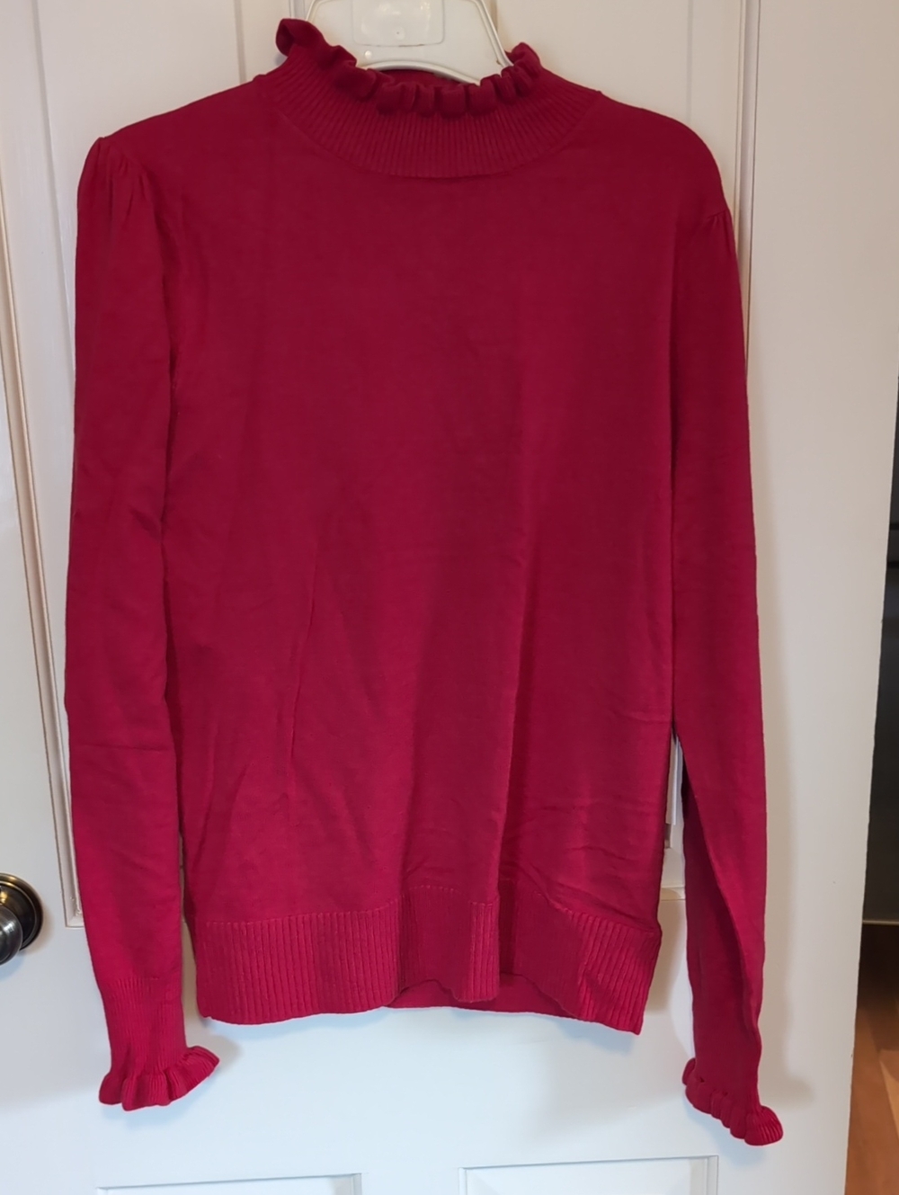 CeCe Raspberry Ruffle Mock Neck Sweater